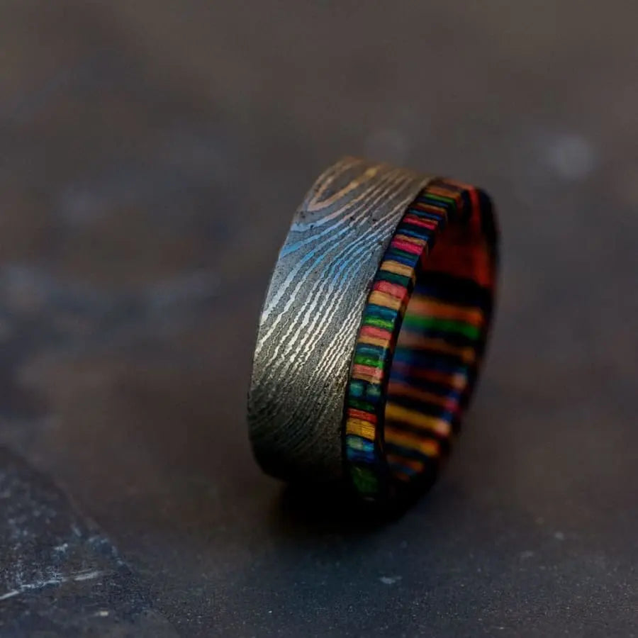 Damascas Steel Ring with colourful wood inner