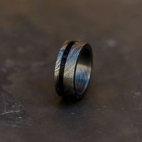 Thumbnail for Damascus Steel Mens Ring with Black Wood Inlay