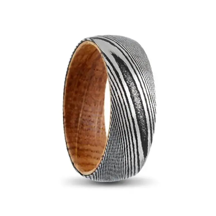8mm Damascus Steel Ring, Wooden Inner