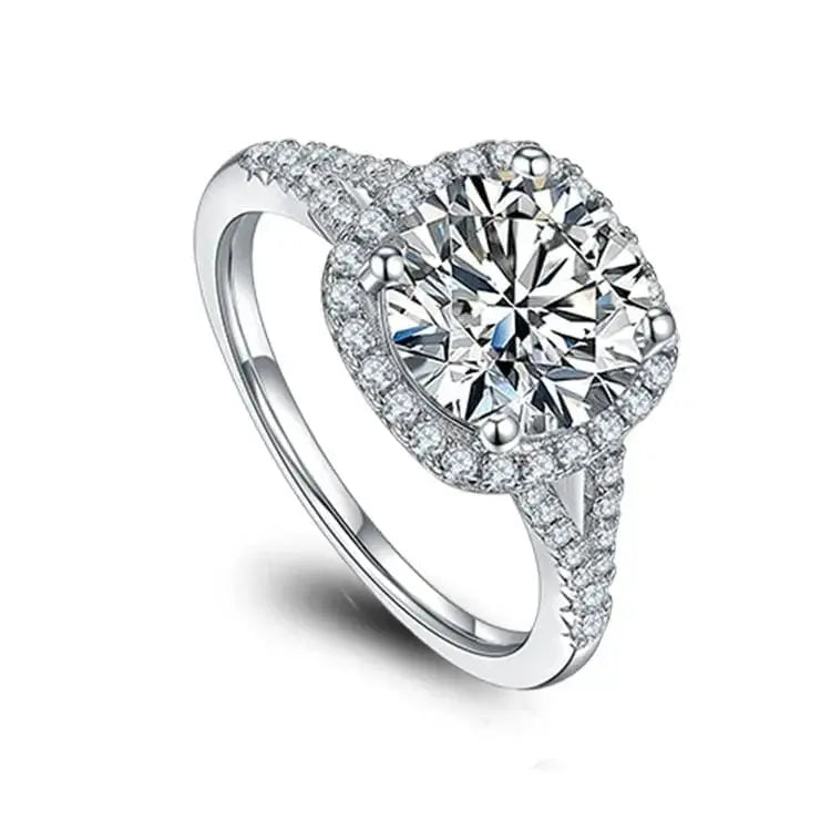 Silver Moissanite Ring Halo Setting. Zircon V-shape Band