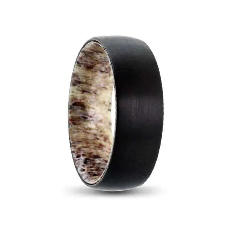 8mm Black Tungsten Satin Finish Ring, Deer Antler Inner