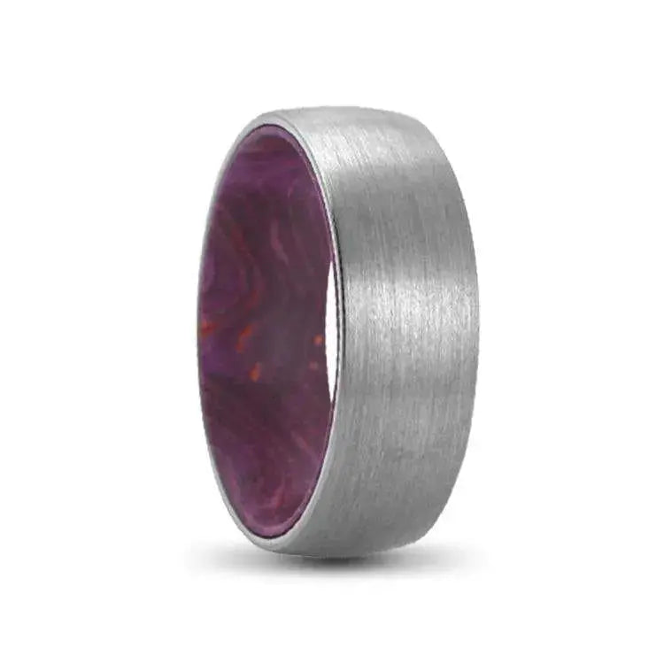 8mm Silver Tungsten Carbide Ring, Maroon Red Elder Wood Inner