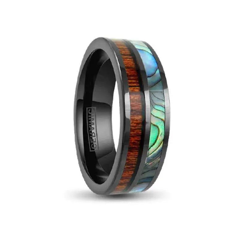 Black Ceramic With Abalone and Koa Wood Ring