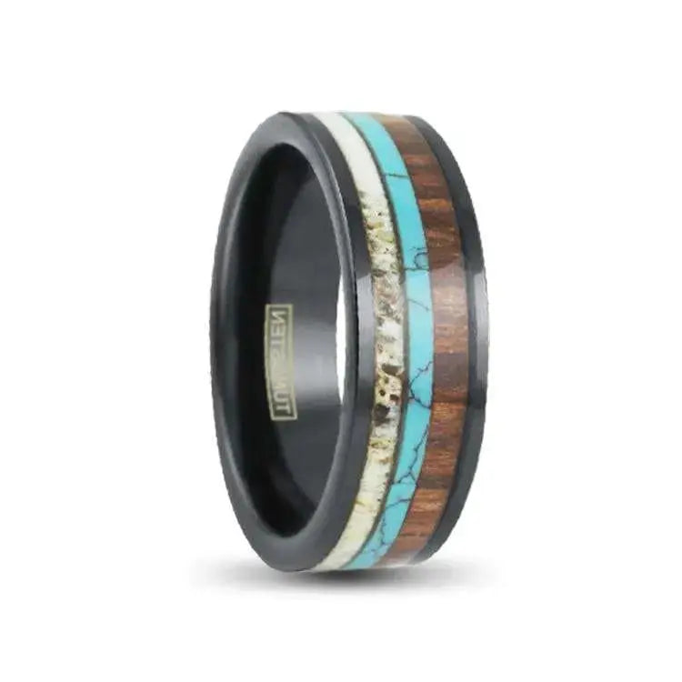 Black Tungsten Ring with Koa Wood, Turquoise and Deer Antler Inlays