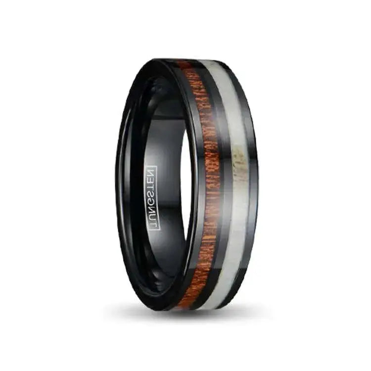 Black Tungsten Ring With Deer Antler and Koa Wood Inlays 6mm
