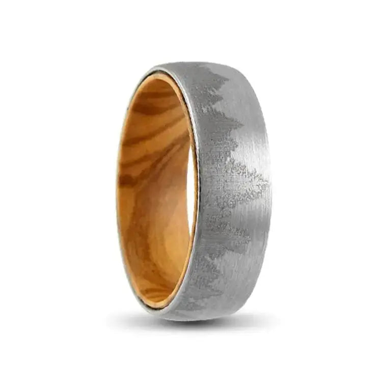 Tungsten Ring with Forest Scenery and Olive Wood Inner