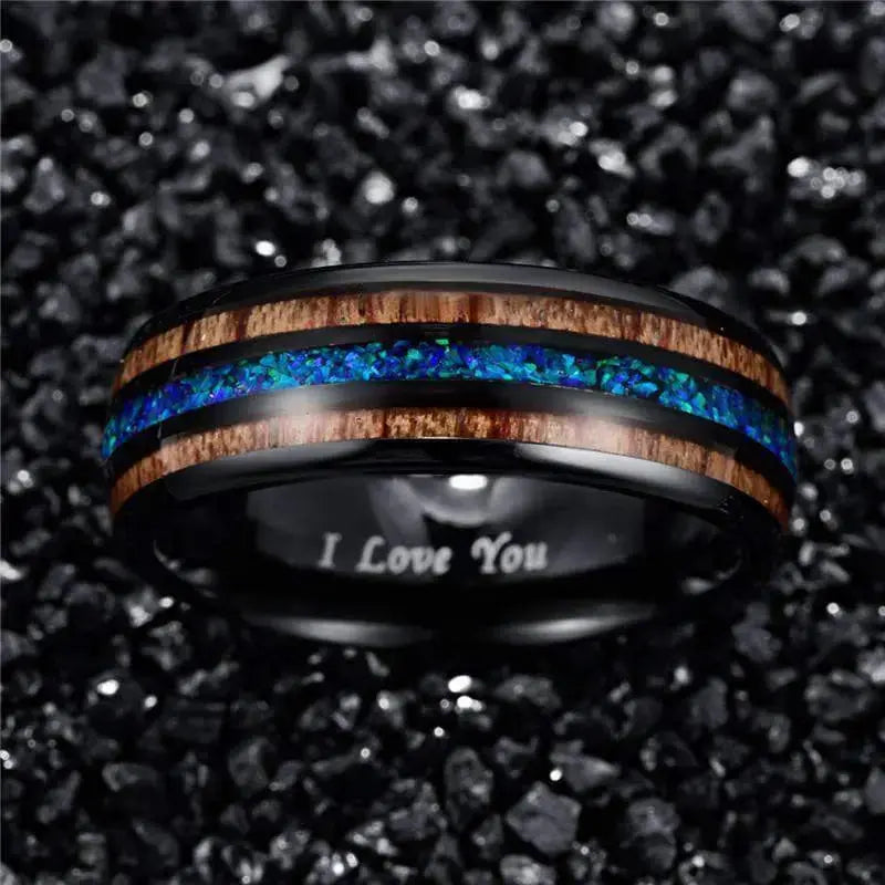 8mm Black Tungsten Wedding Ring with Wood and Blue Fire Opal Inlay